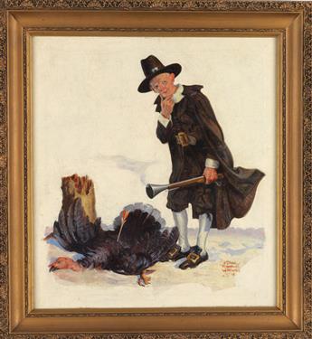 (HUNTING / THANKSGIVING.) EDGAR F. WITTMACK. Now what?  Likely cover illustration for The Saturday Evening Post.
